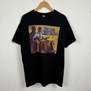 Vintage 90s Blue Chicago Blues Jazz Music Tee Shirt Size Large 1994 Black